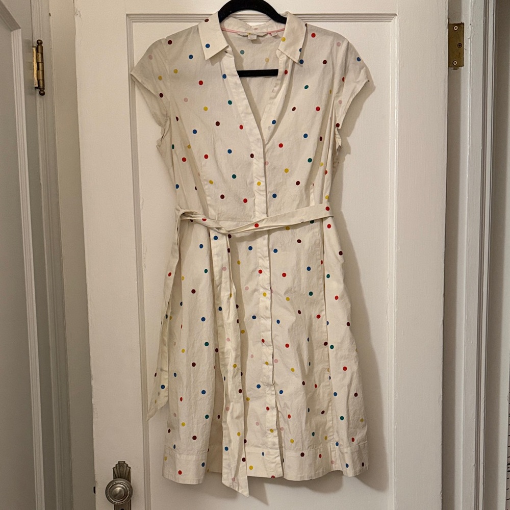 Boden Cream Midi Shirt Dress with Multicolor Polka Dots